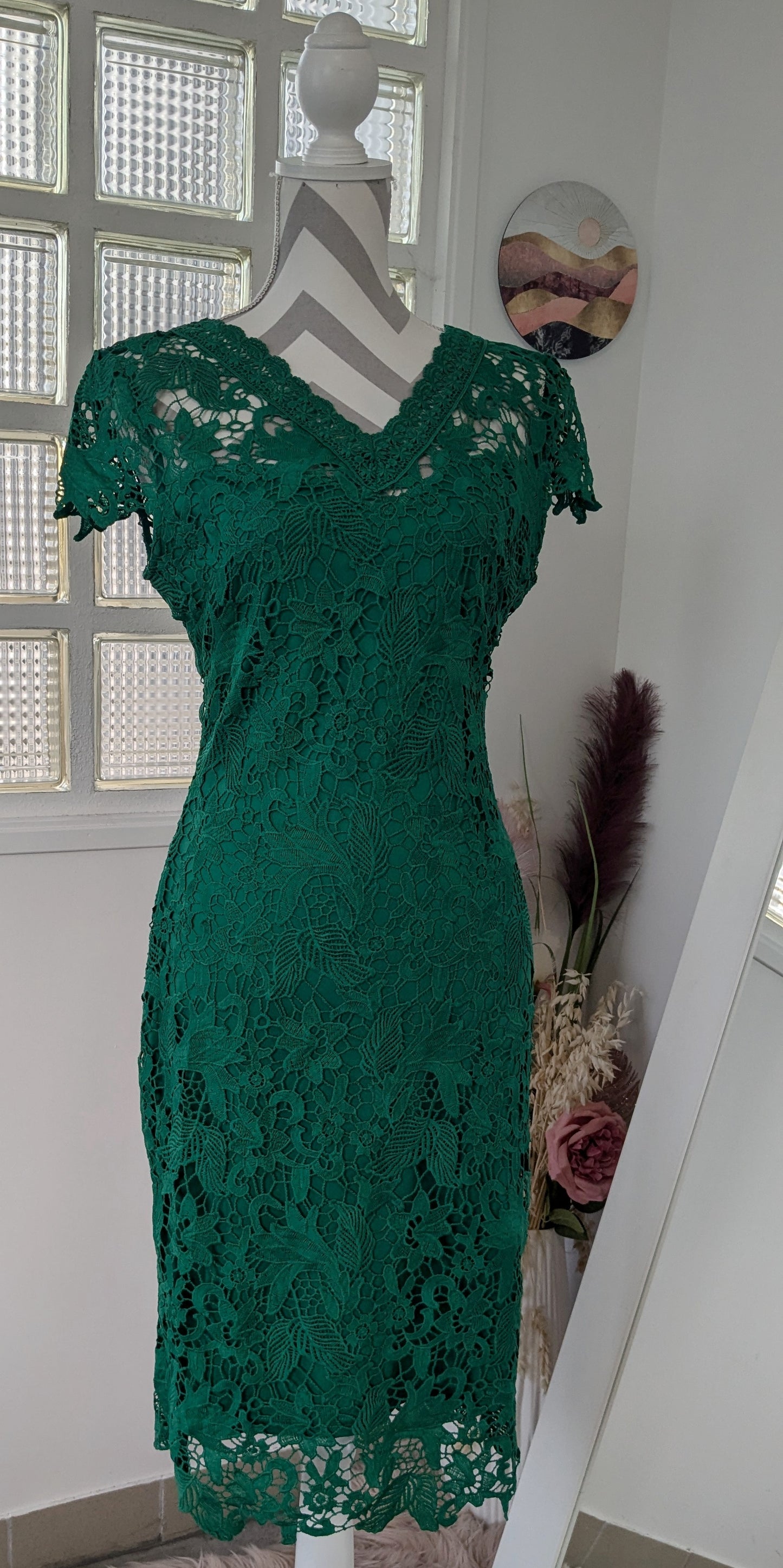 Robe dentelle brodée vert - Kichic - 40