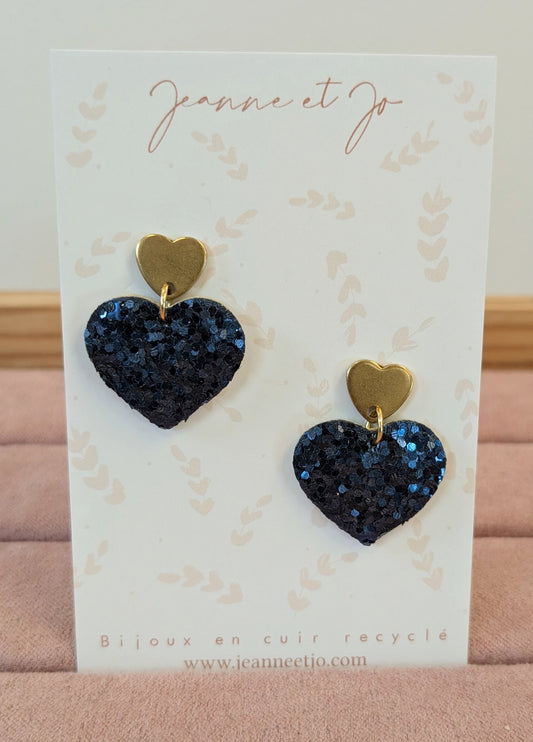 Bijoux Boucles d'oreilles cœur bleu nuit irisé - Création Jeanne et JO - TU
