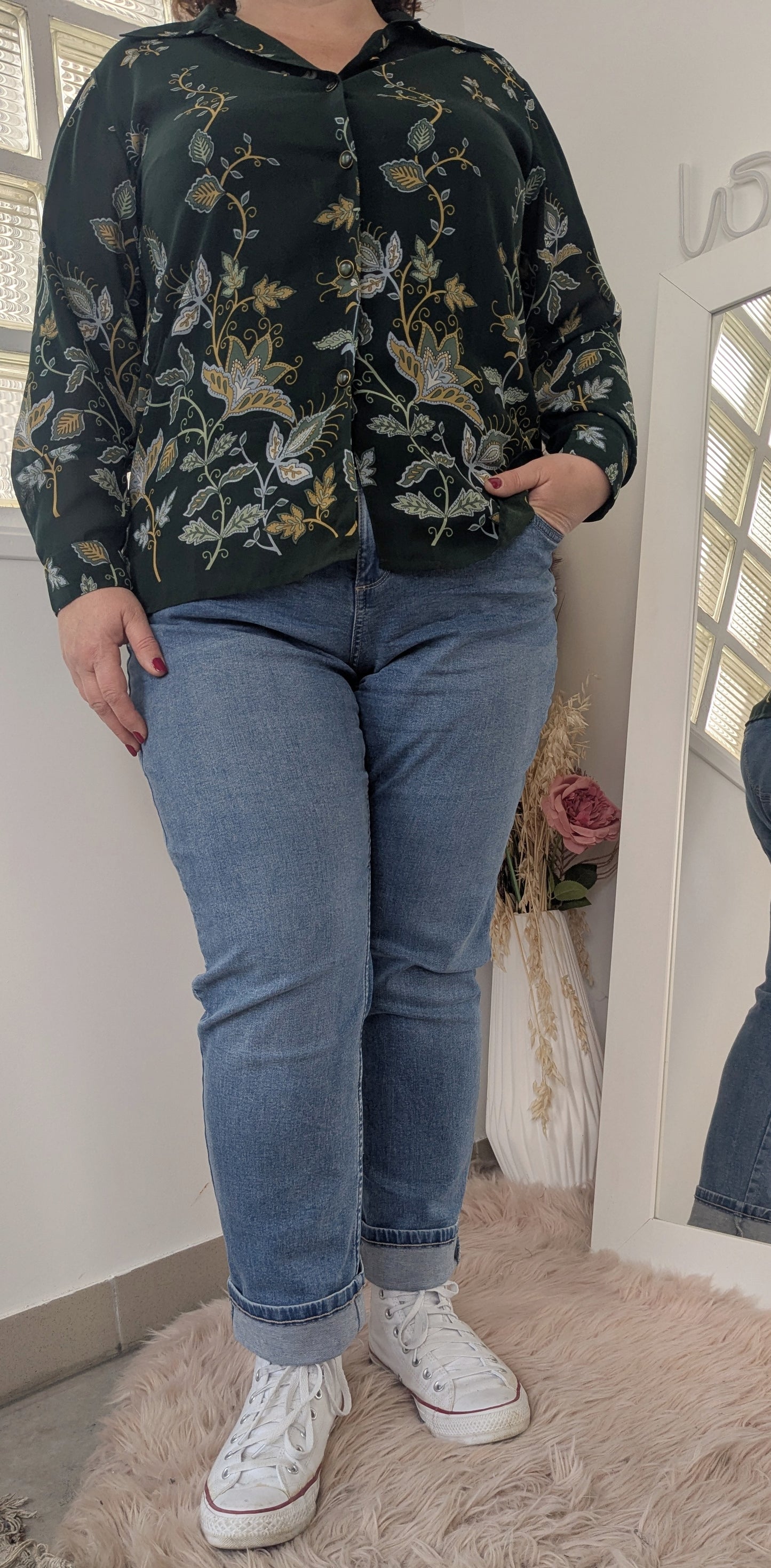 Chemise fleurie vert sapin - Afibel - 44