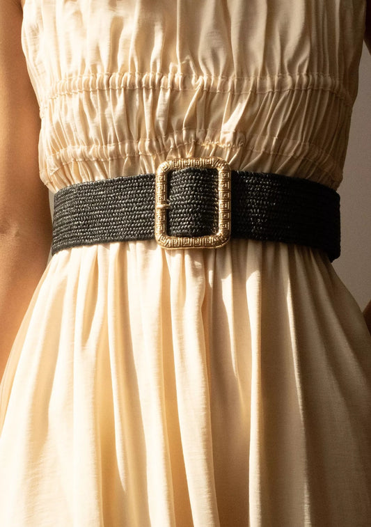 Ceinture raphia tressé noir - TU
