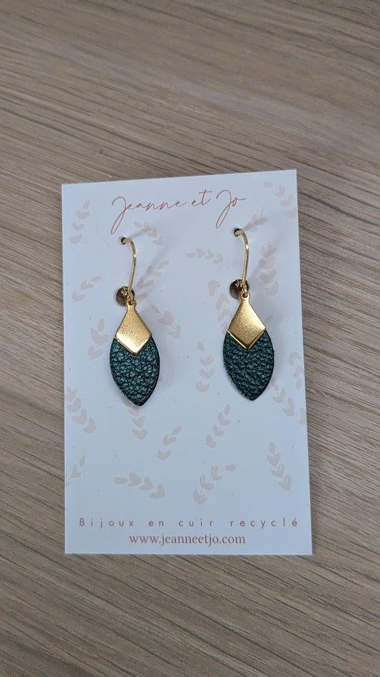 Bijoux Boucles d'oreilles "plumes" vert foncé métallisé - Création Jeanne et JO - TU